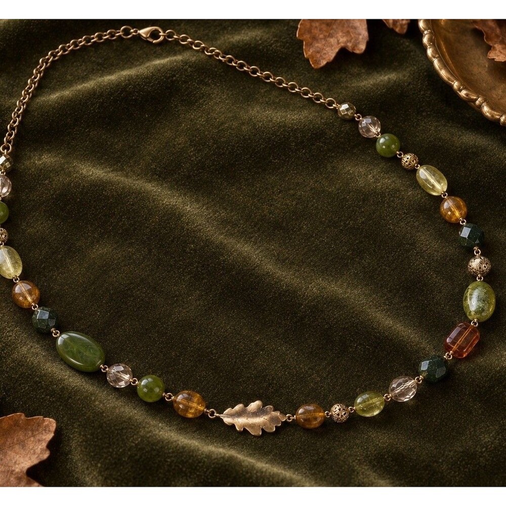Vintage Y2K Green Amber Beaded Necklace Gold Tone Oak Leaf Boho Autumn 32”